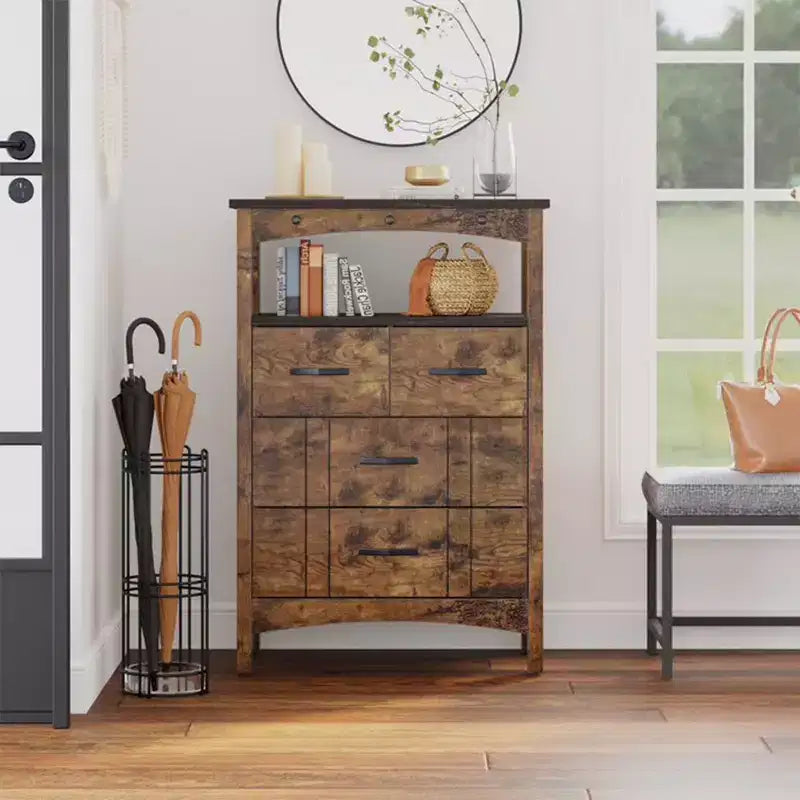Meuble de rangement rustique Bestier avec 2 étagères d'affichage et 4 tiroirs pour le salon, le bureau, la chambre ou le couloir, marron foncé