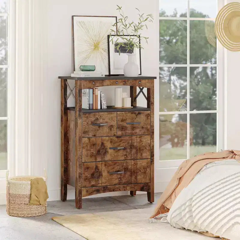 Meuble de rangement rustique Bestier avec 2 étagères d'affichage et 4 tiroirs pour le salon, le bureau, la chambre ou le couloir, marron foncé