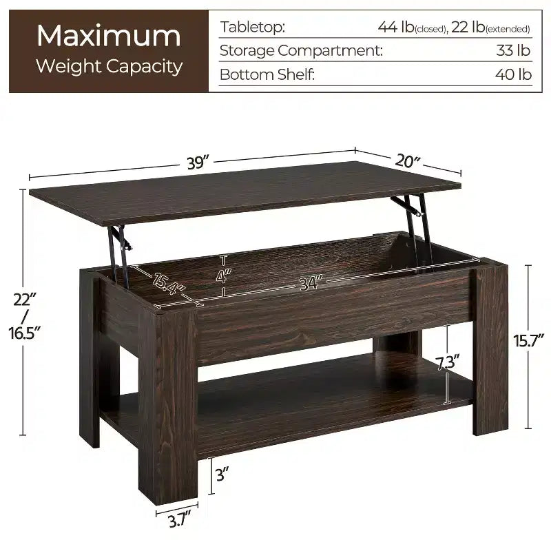 Table basse moderne Yaheetech Vintage avec plateau relevable, compartiment caché et rangement pour la maison, le salon, la salle de réception, le bureau