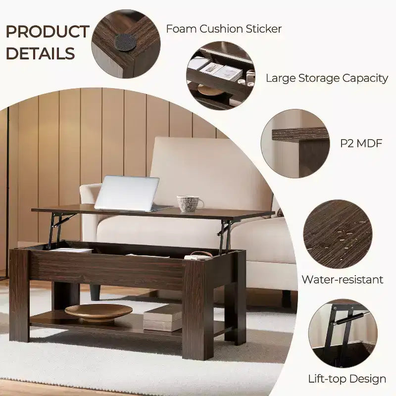 Table basse moderne Yaheetech Vintage avec plateau relevable, compartiment caché et rangement pour la maison, le salon, la salle de réception, le bureau