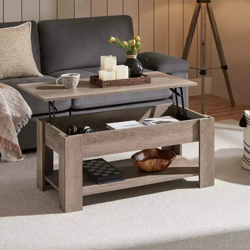 Table basse moderne Yaheetech Vintage avec plateau relevable, compartiment caché et rangement pour la maison, le salon, la salle de réception, le bureau