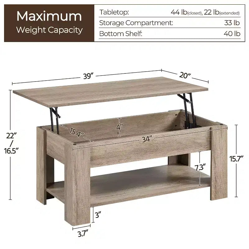 Table basse moderne Yaheetech Vintage avec plateau relevable, compartiment caché et rangement pour la maison, le salon, la salle de réception, le bureau
