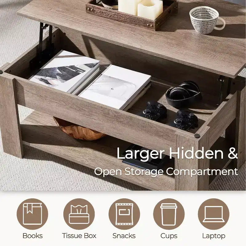 Table basse moderne Yaheetech Vintage avec plateau relevable, compartiment caché et rangement pour la maison, le salon, la salle de réception, le bureau