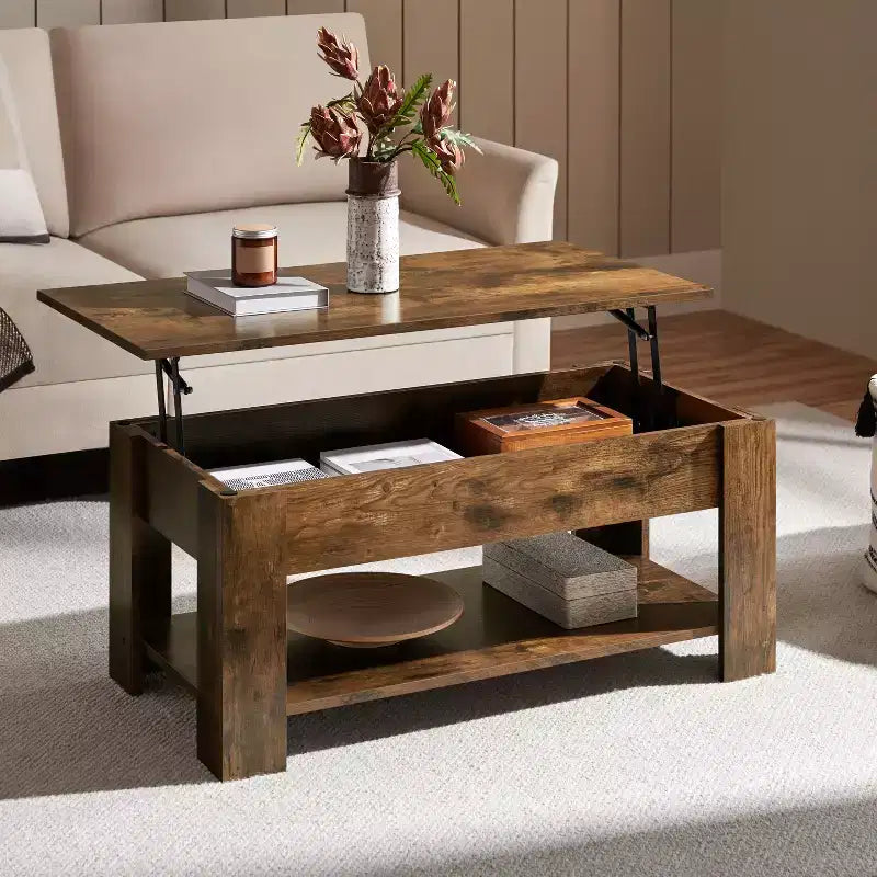 Table basse moderne Yaheetech Vintage avec plateau relevable, compartiment caché et rangement pour la maison, le salon, la salle de réception, le bureau
