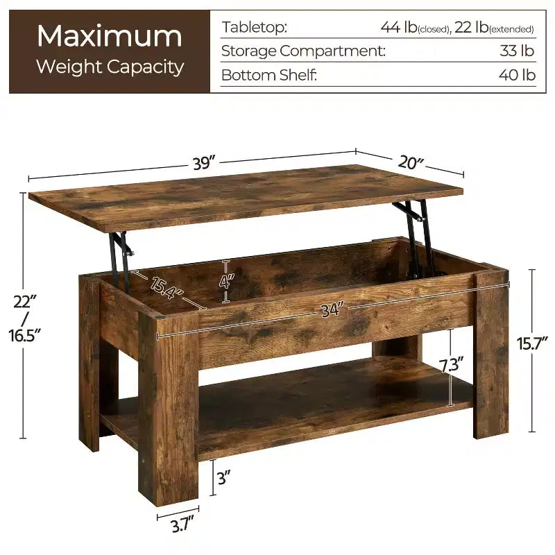 Table basse moderne Yaheetech Vintage avec plateau relevable, compartiment caché et rangement pour la maison, le salon, la salle de réception, le bureau