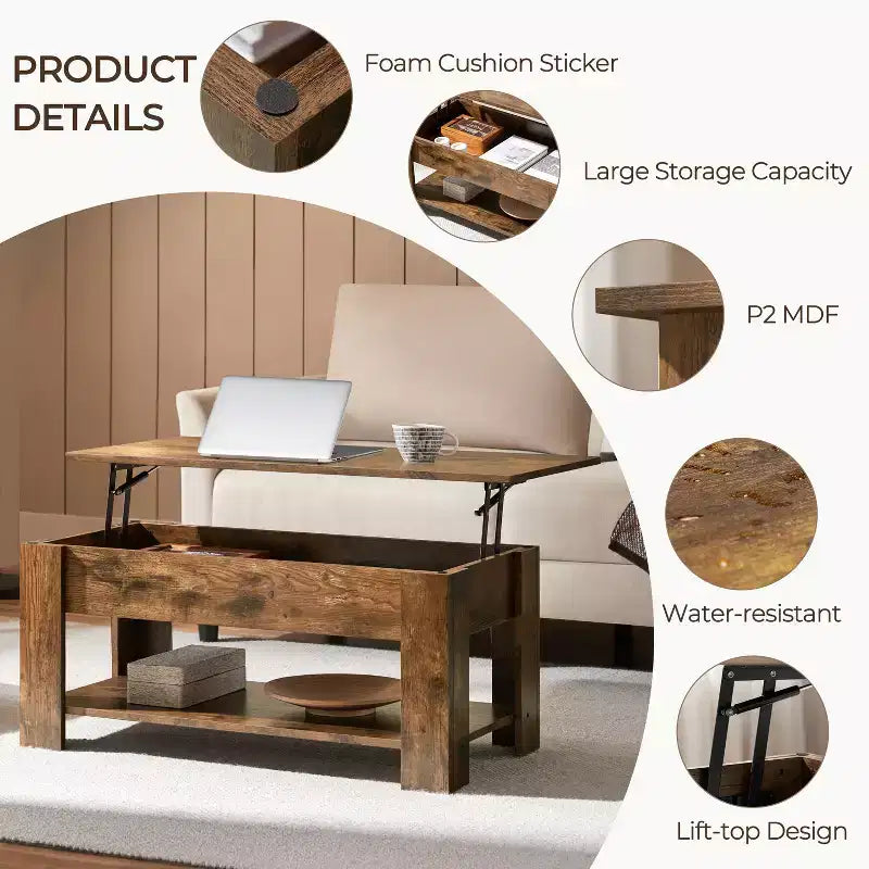 Table basse moderne Yaheetech Vintage avec plateau relevable, compartiment caché et rangement pour la maison, le salon, la salle de réception, le bureau
