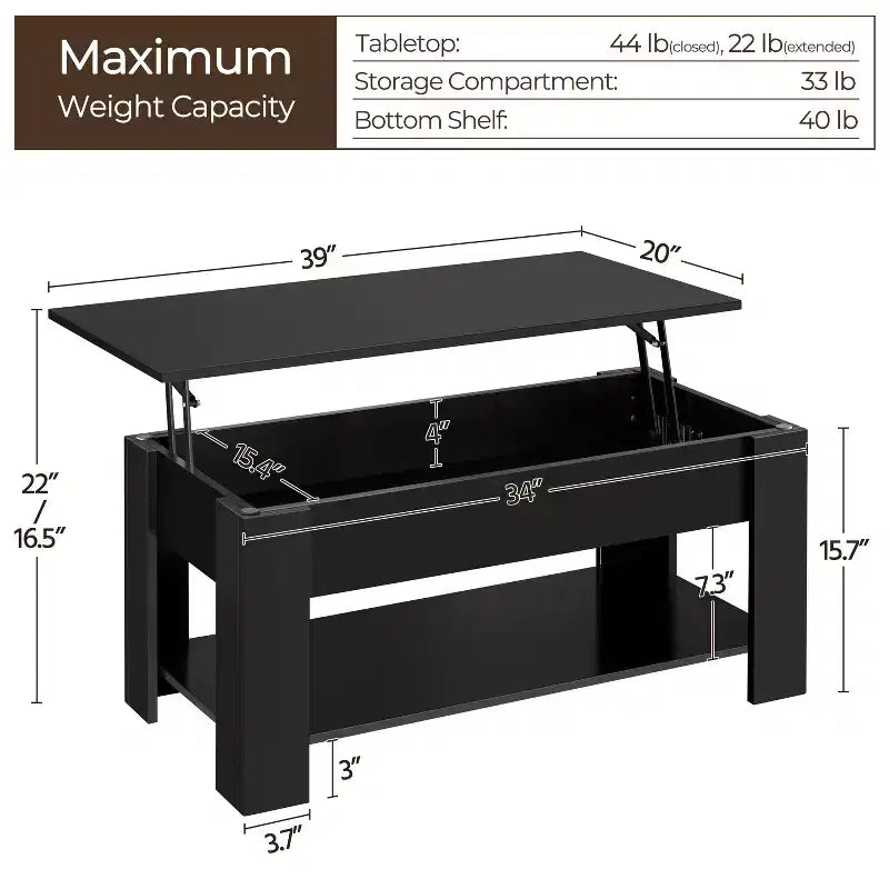 Table basse moderne Yaheetech Vintage avec plateau relevable, compartiment caché et rangement pour la maison, le salon, la salle de réception, le bureau