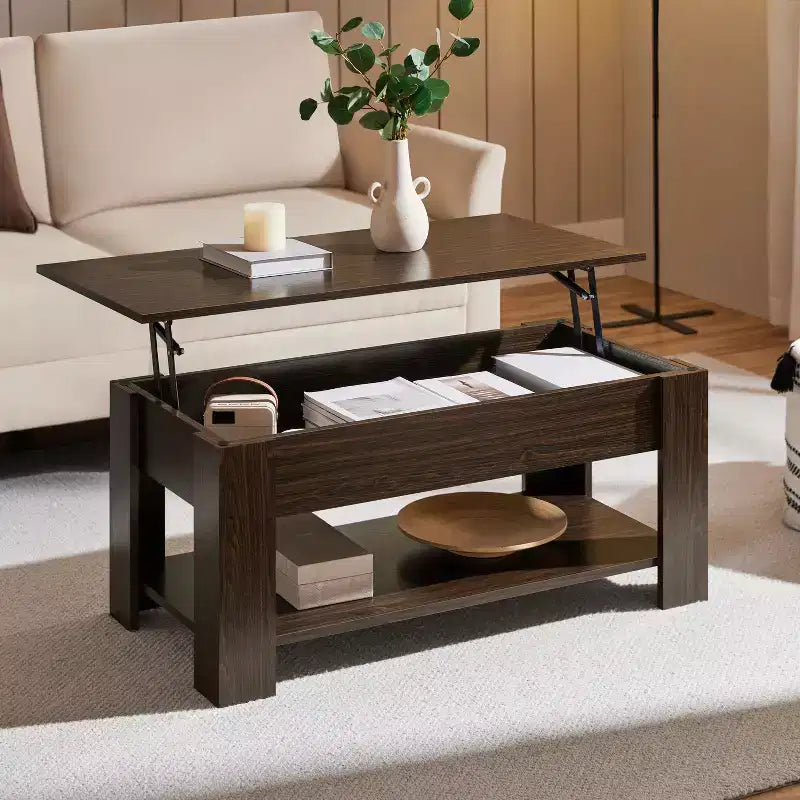 Table basse moderne Yaheetech Vintage avec plateau relevable, compartiment caché et rangement pour la maison, le salon, la salle de réception, le bureau