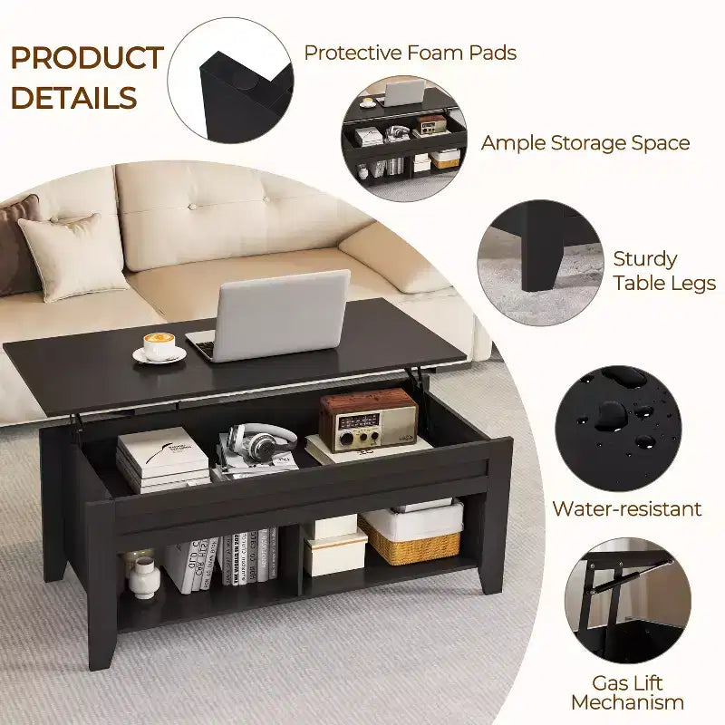 Table basse Yaheetech relevable avec compartiment caché et 2 étagères ouvertes pour salon
