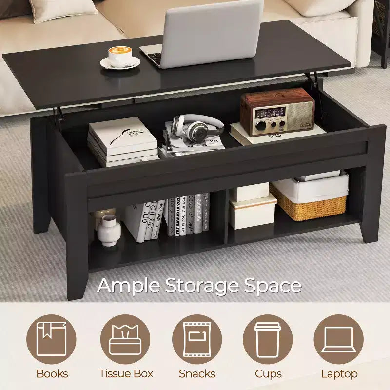 Table basse Yaheetech relevable avec compartiment caché et 2 étagères ouvertes pour salon