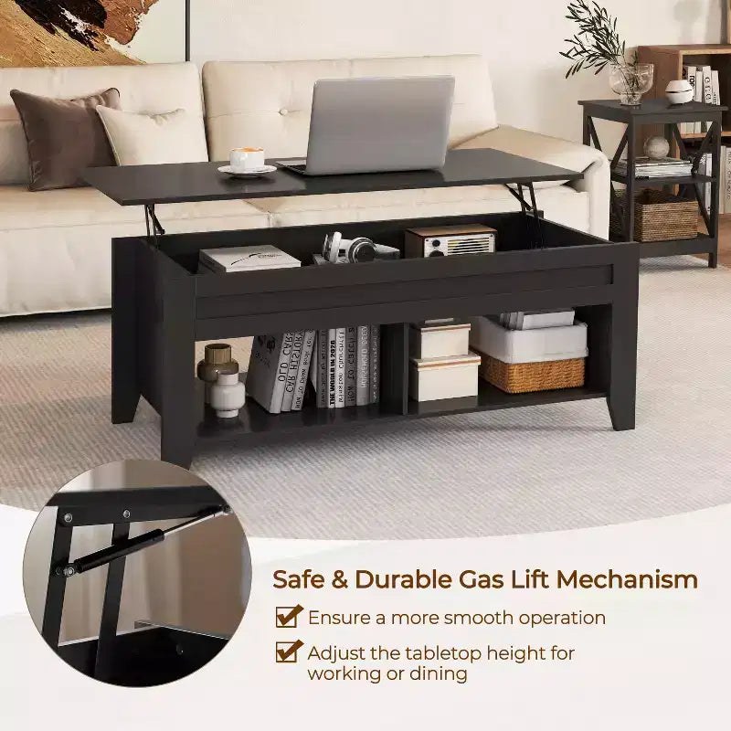 Table basse Yaheetech relevable avec compartiment caché et 2 étagères ouvertes pour salon