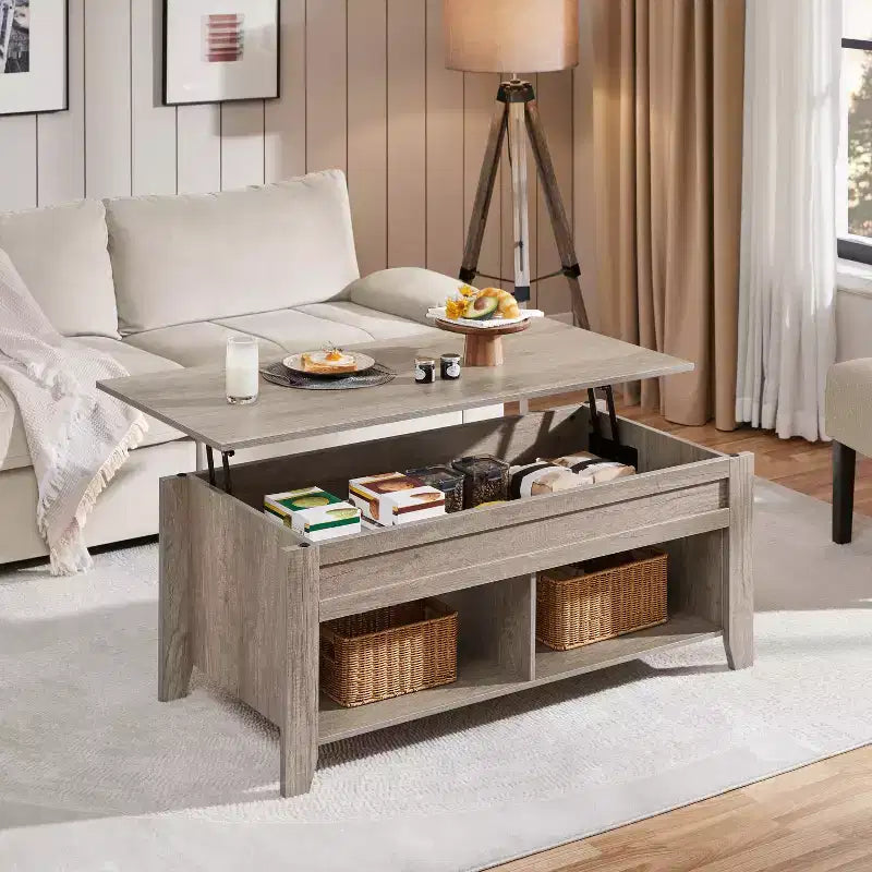 Table basse Yaheetech relevable avec compartiment caché et 2 étagères ouvertes pour salon