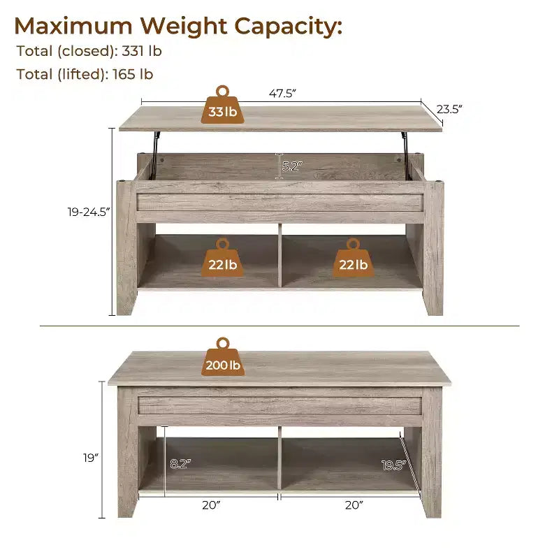 Table basse Yaheetech relevable avec compartiment caché et 2 étagères ouvertes pour salon