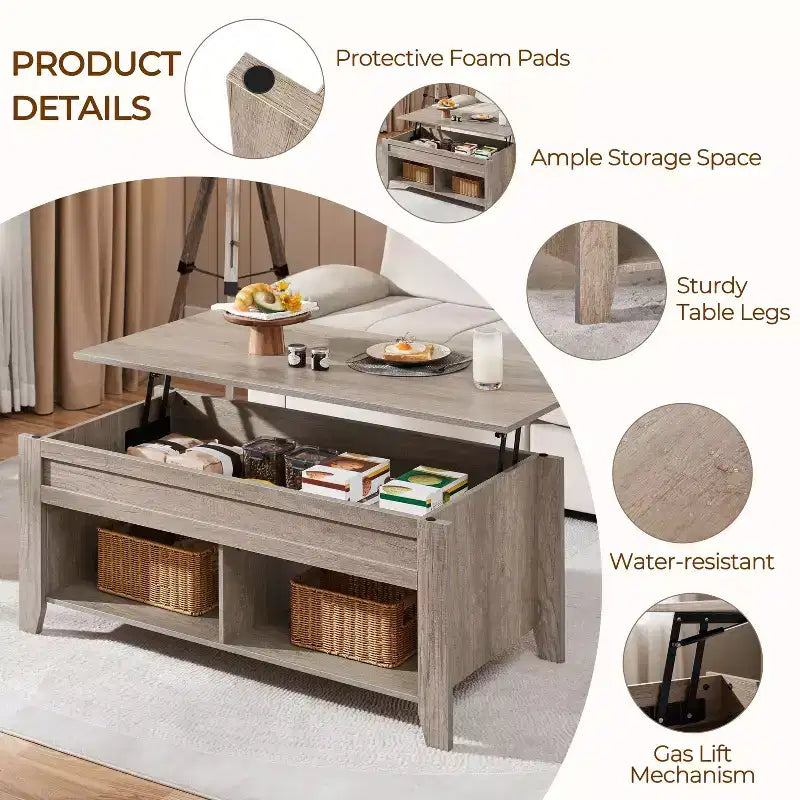 Table basse Yaheetech relevable avec compartiment caché et 2 étagères ouvertes pour salon