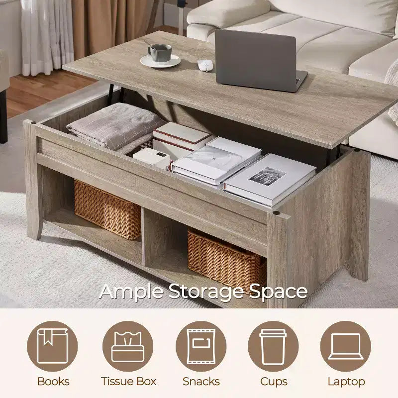 Table basse Yaheetech relevable avec compartiment caché et 2 étagères ouvertes pour salon