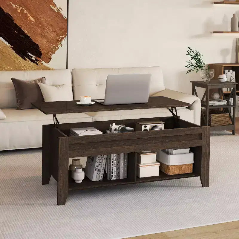 Table basse Yaheetech relevable avec compartiment caché et 2 étagères ouvertes pour salon