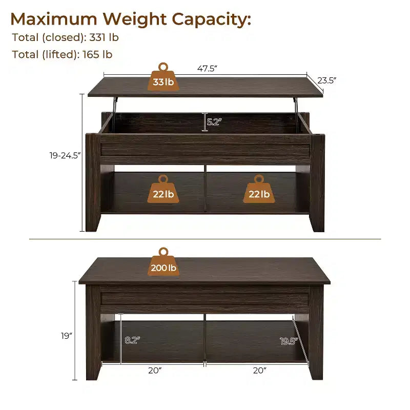 Table basse Yaheetech relevable avec compartiment caché et 2 étagères ouvertes pour salon
