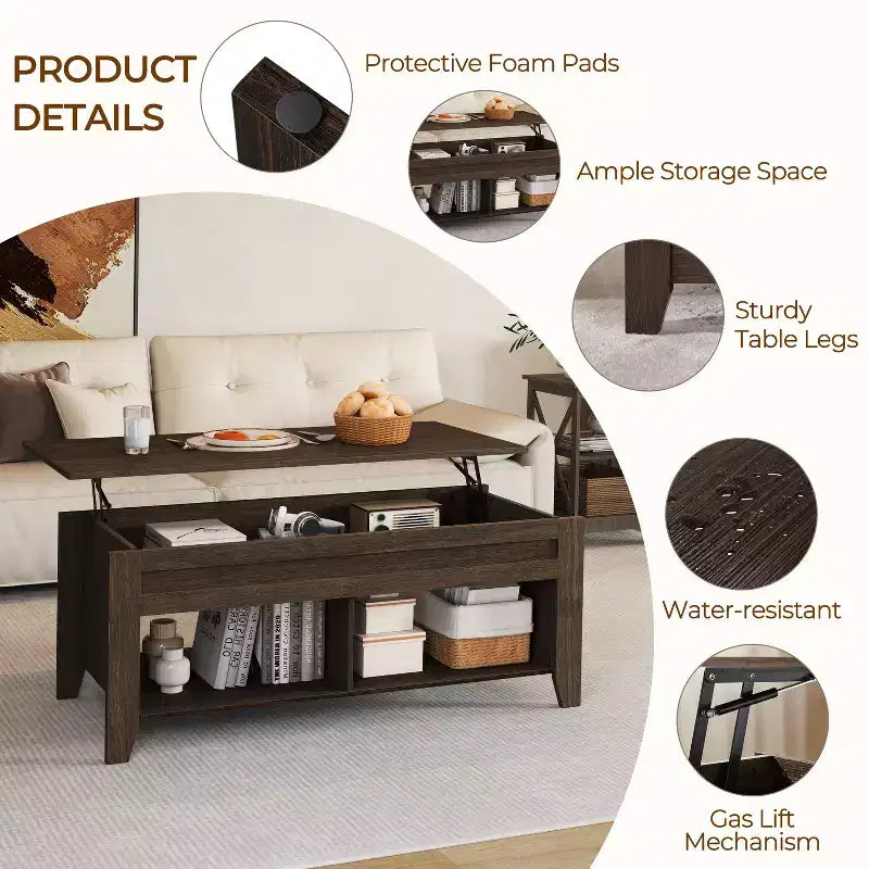 Table basse Yaheetech relevable avec compartiment caché et 2 étagères ouvertes pour salon