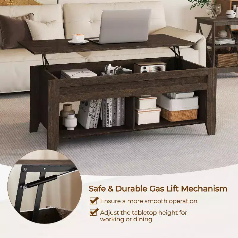 Table basse Yaheetech relevable avec compartiment caché et 2 étagères ouvertes pour salon