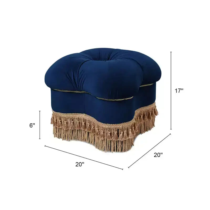 Jennifer Taylor Home Ellen Ottoman capitonné trèfle avec franges dorées, velours bleu marine