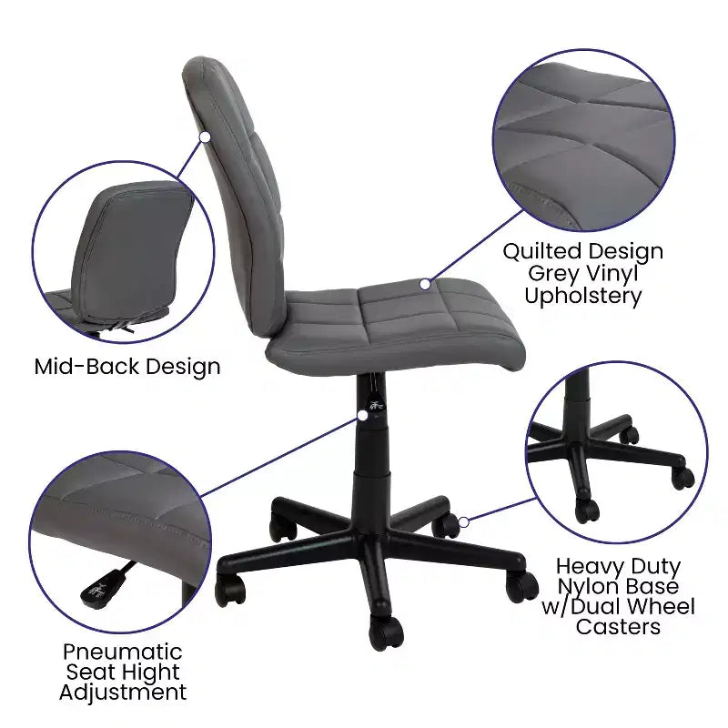 Chaise de bureau pivotante Emma et Oliver en vinyle matelassé à dossier mi-hauteur