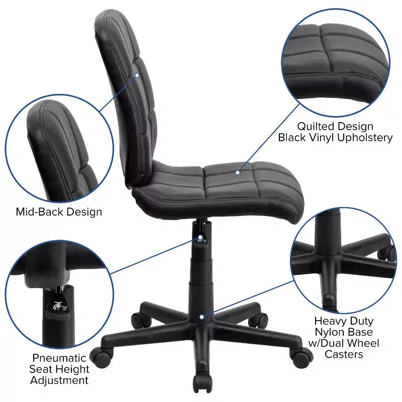 Chaise de bureau pivotante Emma et Oliver en vinyle matelassé à dossier mi-hauteur