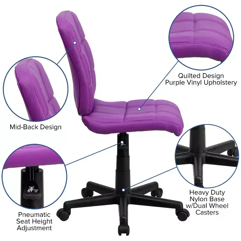 Chaise de bureau pivotante Emma et Oliver en vinyle matelassé à dossier mi-hauteur