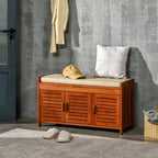 HOMCOM Banc à chaussures avec placards de rangement, banc d'entrée en bambou avec coussin d'assise, 3 portes et compartiment caché pour le couloir, Cerise foncée