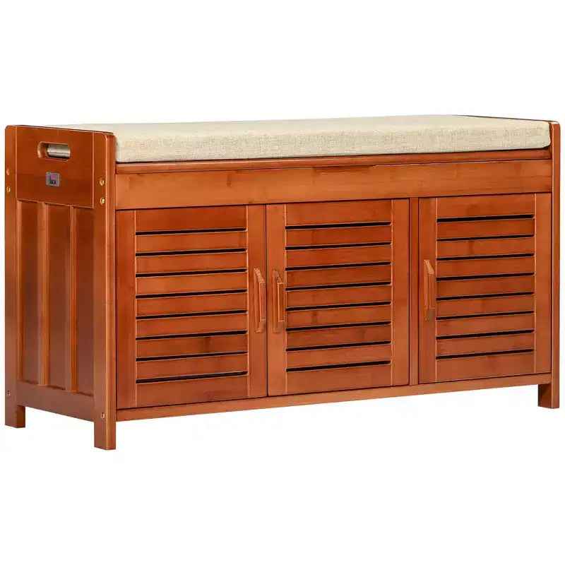 HOMCOM Banc à chaussures avec placards de rangement, banc d'entrée en bambou avec coussin d'assise, 3 portes et compartiment caché pour le couloir, Cerise foncée