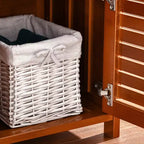 HOMCOM Banc à chaussures avec placards de rangement, banc d'entrée en bambou avec coussin d'assise, 3 portes et compartiment caché pour le couloir, Cerise foncée