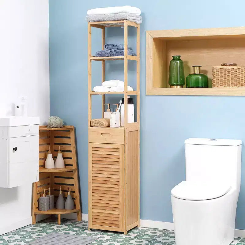 Meuble de salle de bain haut kleankin avec tiroir et étagères à lattes, tour de rangement mince en bambou avec porte à persiennes, naturel