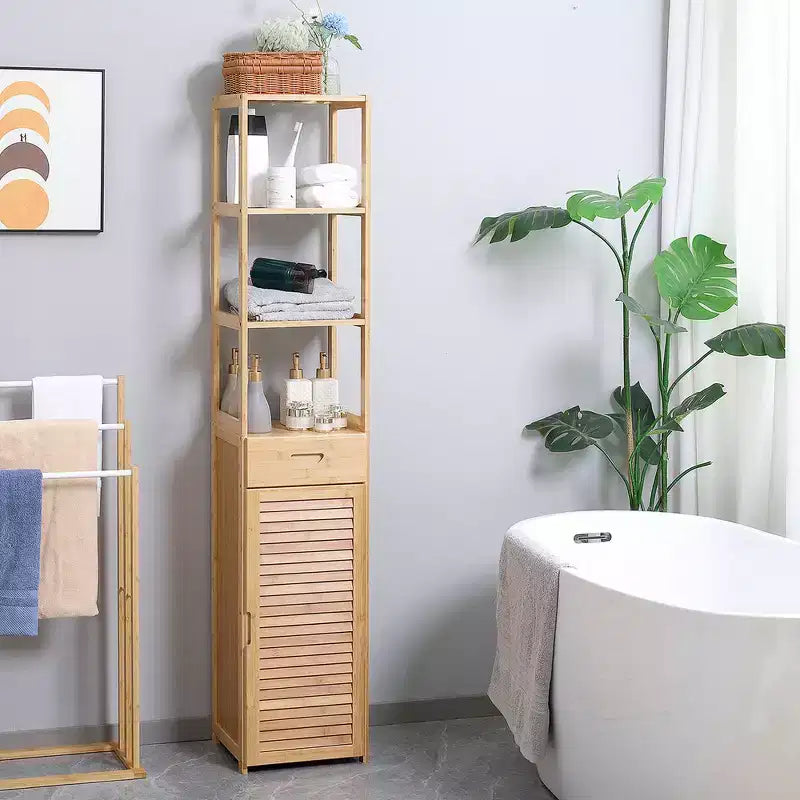 Meuble de salle de bain haut kleankin avec tiroir et étagères à lattes, tour de rangement mince en bambou avec porte à persiennes, naturel