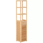 Meuble de salle de bain haut kleankin avec tiroir et étagères à lattes, tour de rangement mince en bambou avec porte à persiennes, naturel