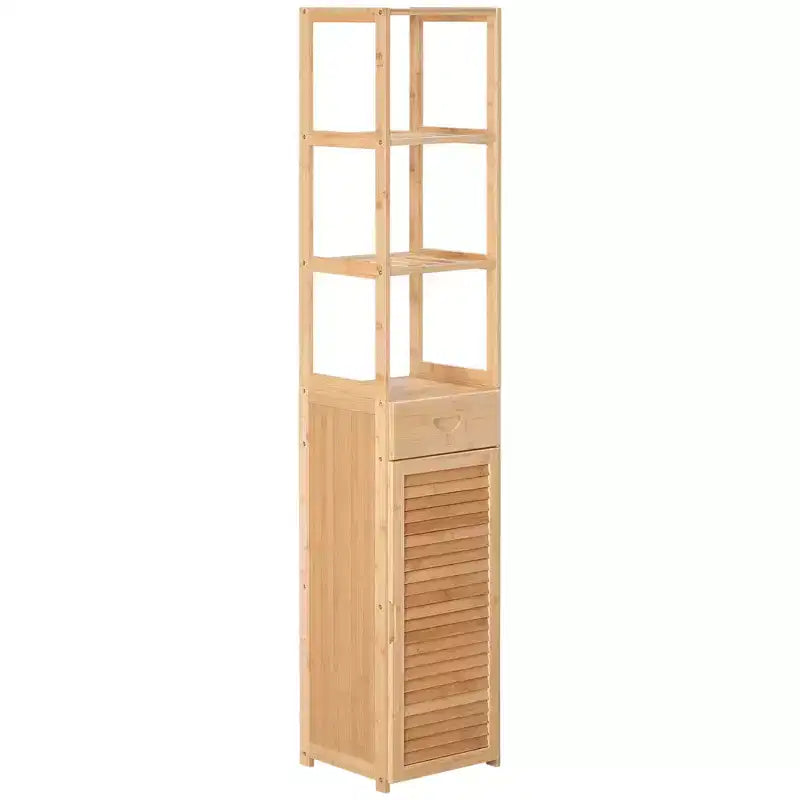 Meuble de salle de bain haut kleankin avec tiroir et étagères à lattes, tour de rangement mince en bambou avec porte à persiennes, naturel