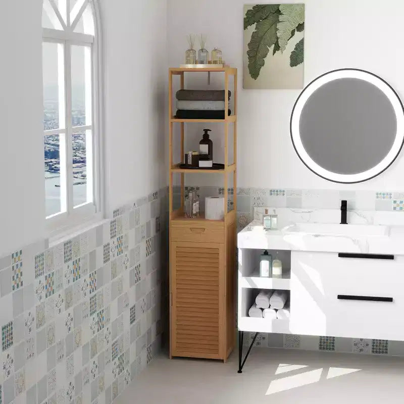 Meuble de salle de bain haut kleankin avec tiroir et étagères à lattes, tour de rangement mince en bambou avec porte à persiennes, naturel