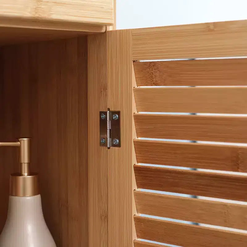 Meuble de salle de bain haut kleankin avec tiroir et étagères à lattes, tour de rangement mince en bambou avec porte à persiennes, naturel