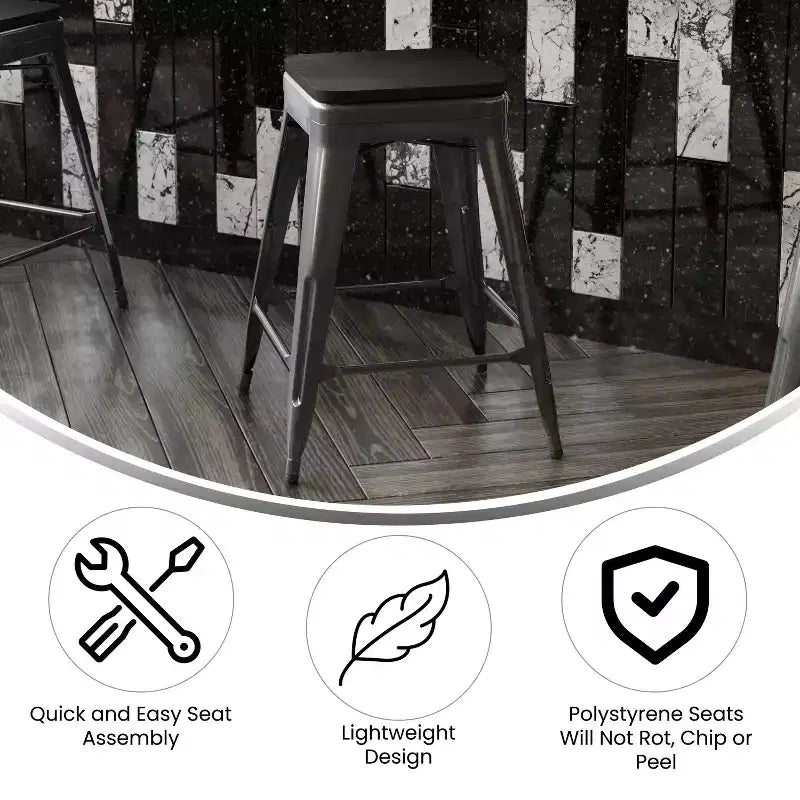 Flash Furniture Cierra, ensemble de 4 tabourets de bar en métal sans dossier de 61 cm de hauteur, de qualité commerciale, pour l'intérieur, avec sièges en résine polyvalente tout temps