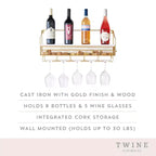 Twine Range-bouteilles mural doré, Rangement intégré pour les bouchons de liège, Peut contenir 8 bouteilles de vin et 5 verres à vin, Bois et fonte, Cadeaux de mariage, Décor de bar à la maison