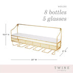 Twine Range-bouteilles mural doré, Rangement intégré pour les bouchons de liège, Peut contenir 8 bouteilles de vin et 5 verres à vin, Bois et fonte, Cadeaux de mariage, Décor de bar à la maison