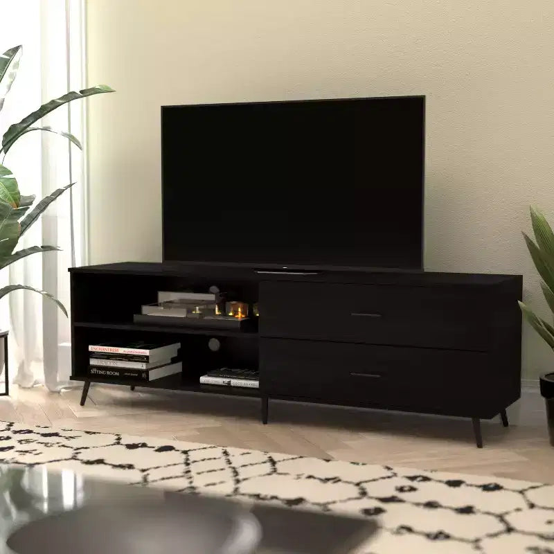 Meuble TV moderne mi-siècle Flash Furniture Nelson 65 pour téléviseurs jusqu'à 60 pouces avec étagère réglable et tiroirs de rangement