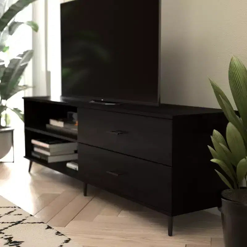 Meuble TV moderne mi-siècle Flash Furniture Nelson 65 pour téléviseurs jusqu'à 60 pouces avec étagère réglable et tiroirs de rangement