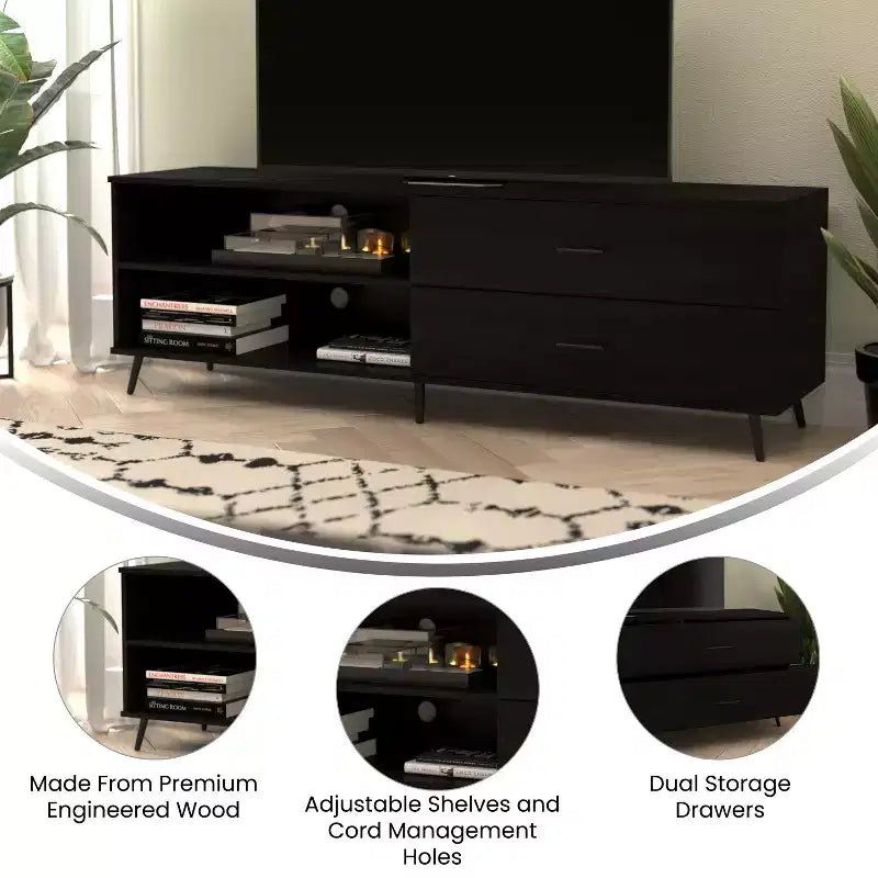 Meuble TV moderne mi-siècle Flash Furniture Nelson 65 pour téléviseurs jusqu'à 60 pouces avec étagère réglable et tiroirs de rangement