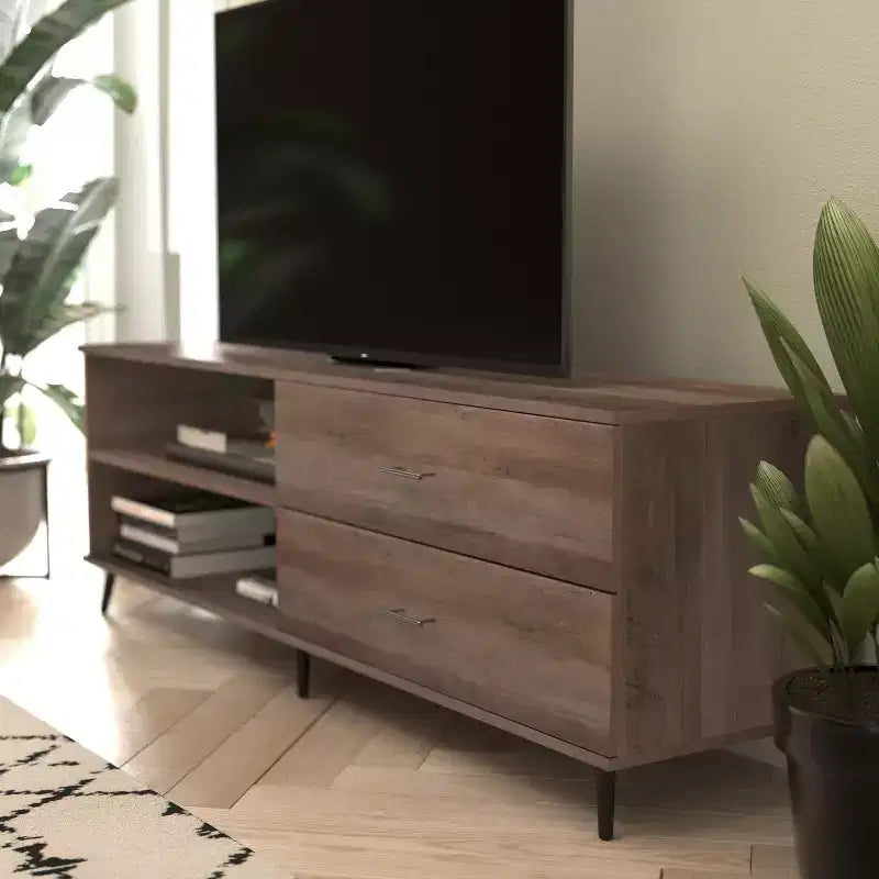 Meuble TV moderne mi-siècle Flash Furniture Nelson 65 pour téléviseurs jusqu'à 60 pouces avec étagère réglable et tiroirs de rangement