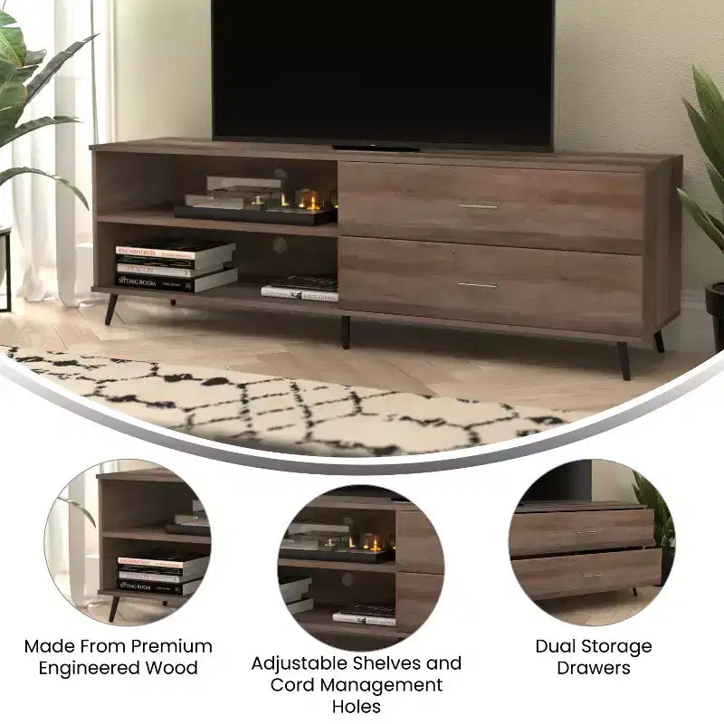 Meuble TV moderne mi-siècle Flash Furniture Nelson 65 pour téléviseurs jusqu'à 60 pouces avec étagère réglable et tiroirs de rangement