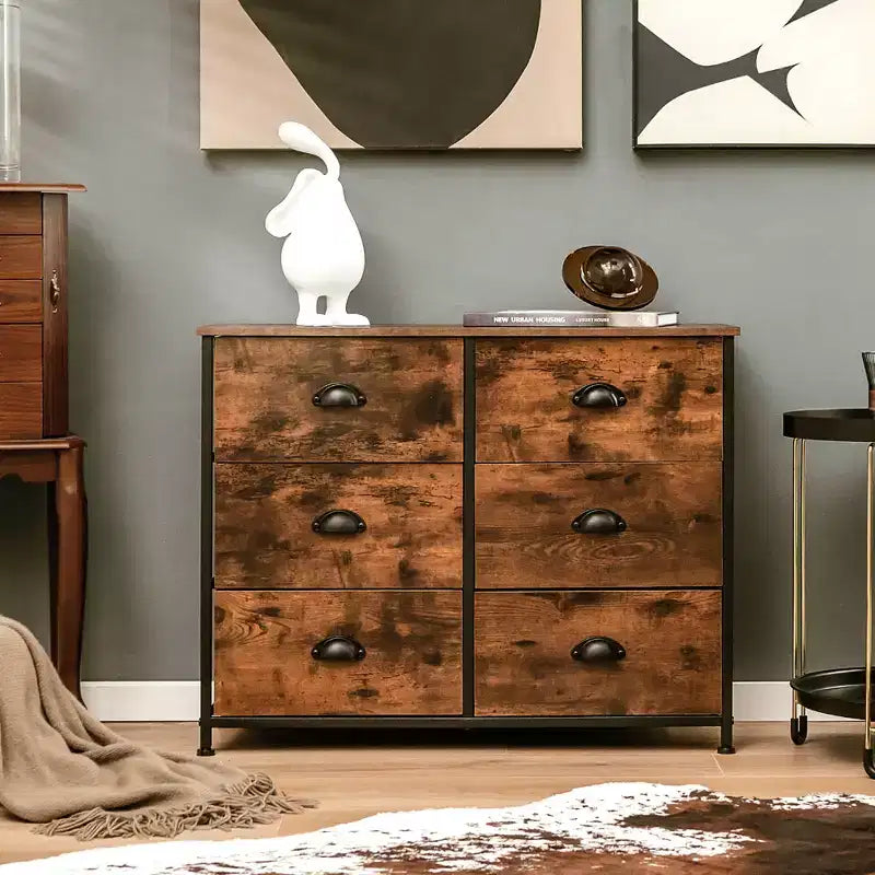 Commode 6 tiroirs Costway avec tour de rangement en tissu et plateau en bois, organiseur de coffre marron rustique
