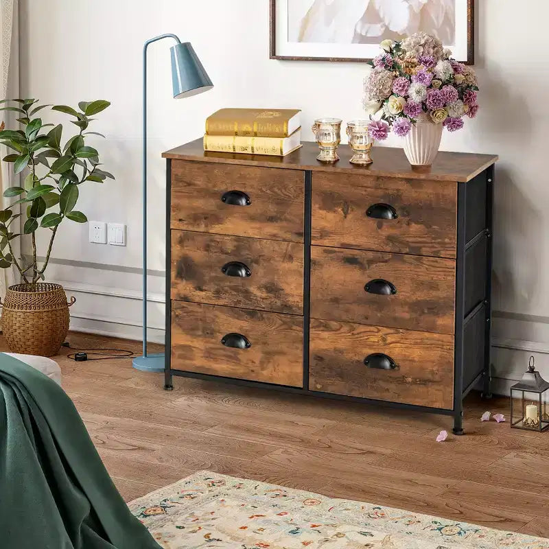 Commode 6 tiroirs Costway avec tour de rangement en tissu et plateau en bois, organiseur de coffre marron rustique