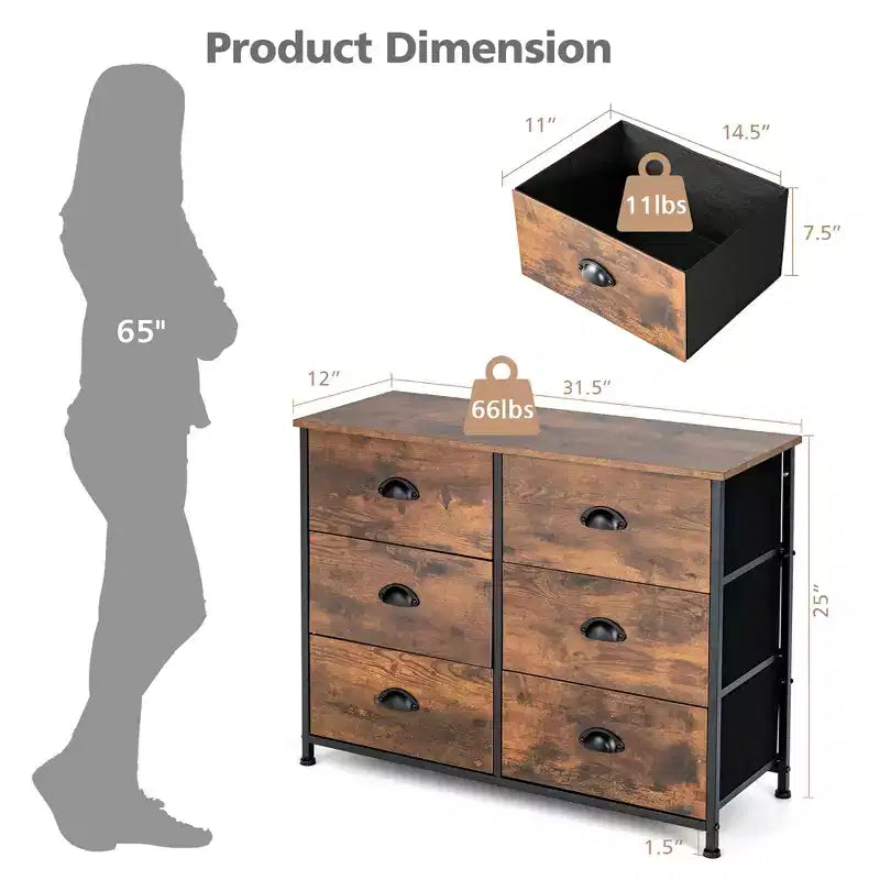 Commode 6 tiroirs Costway avec tour de rangement en tissu et plateau en bois, organiseur de coffre marron rustique