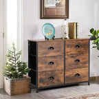 Commode 6 tiroirs Costway avec tour de rangement en tissu et plateau en bois, organiseur de coffre marron rustique