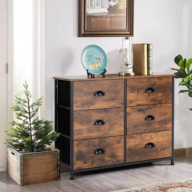 Commode 6 tiroirs Costway avec tour de rangement en tissu et plateau en bois, organiseur de coffre marron rustique