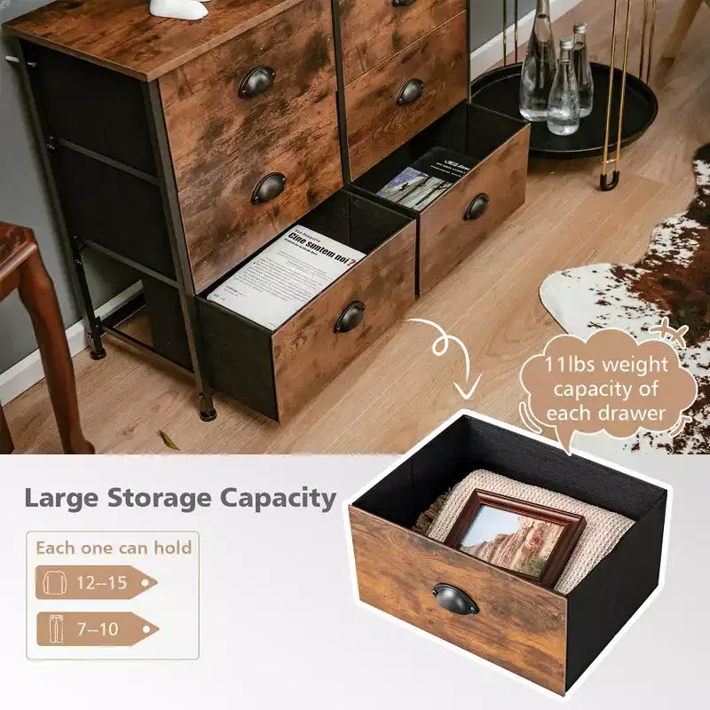 Commode 6 tiroirs Costway avec tour de rangement en tissu et plateau en bois, organiseur de coffre marron rustique